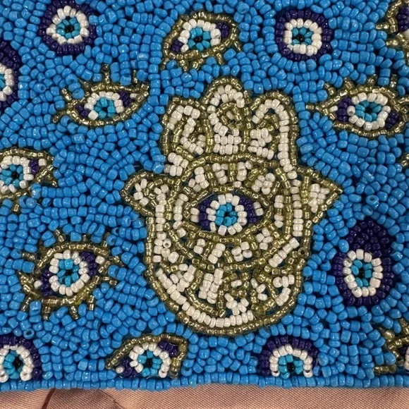 Beaded Hamsa & Evil Eye Zip Pouch – Handmade Blue Coin Purse - Picture 2 of 3